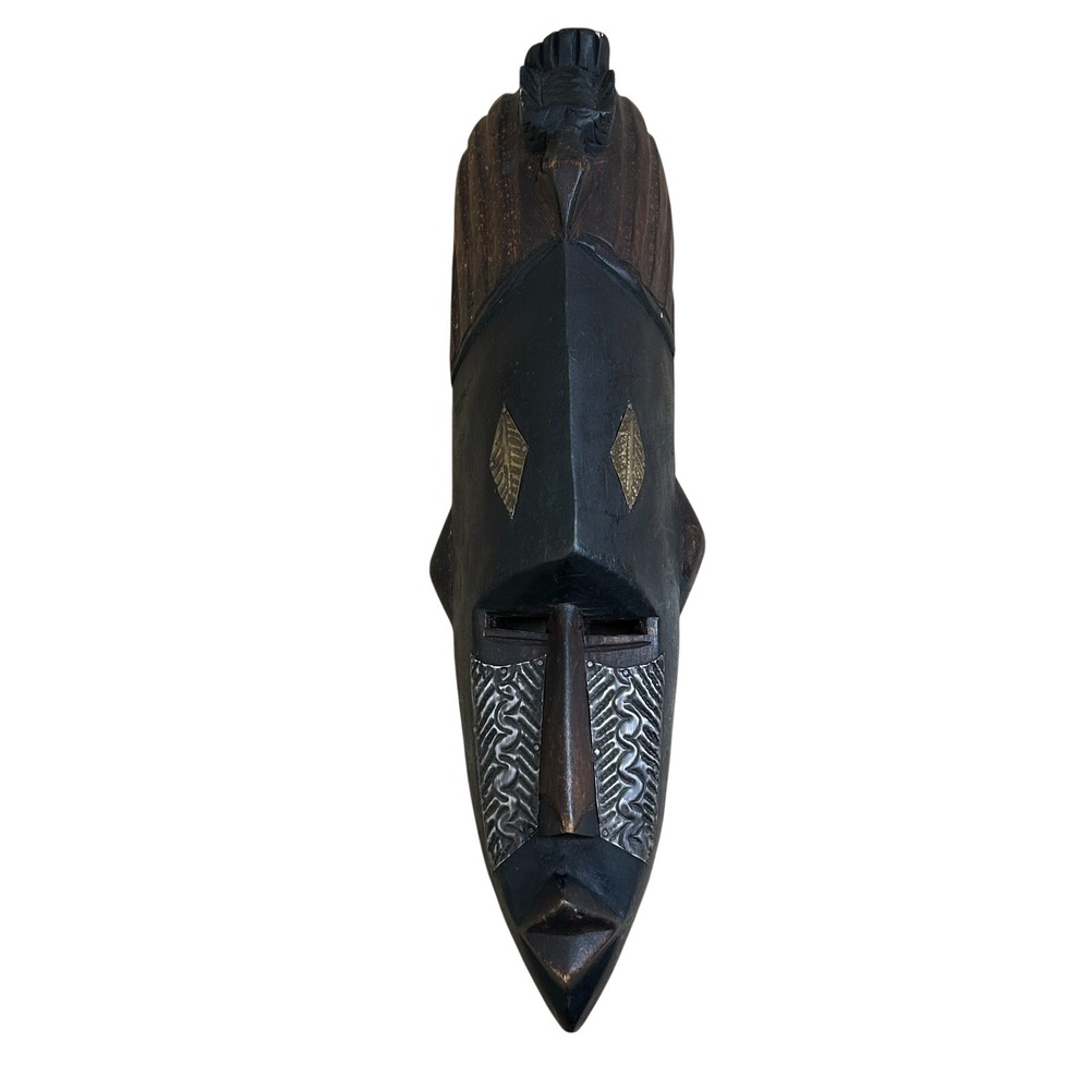 Handcrafted African Wood Mask Ghana Tribal Wall Art Bird Repousse Metal 19"